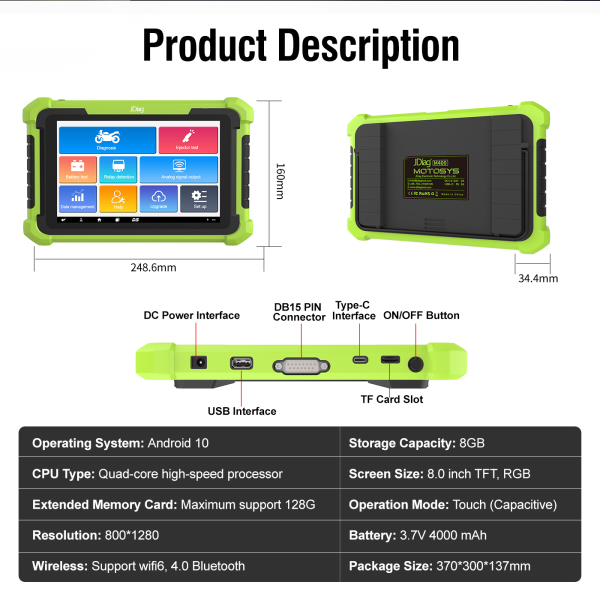 JDiag MOTOSYS M400 Universal Intelligent Motorcycle OBD2 Scanner 8.0 inch Tablet Scanner Android System - Image 6