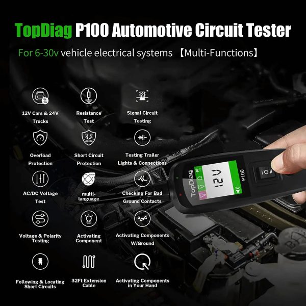 TopDiag P100 Automotive Circuit Tester, Power Probe,12V 24V, AC DC Digital Voltage Tester - Image 3